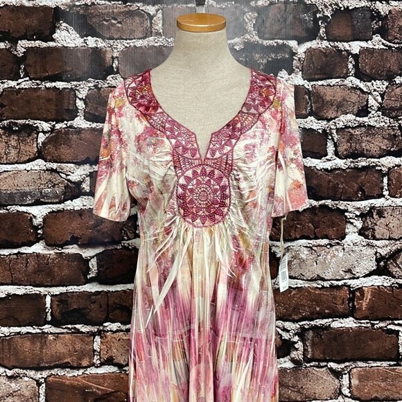 World Unity Romantic Stone Dress NWT Short Sleeve Notch Midi Pink Size Large L - Picture 6 of 17